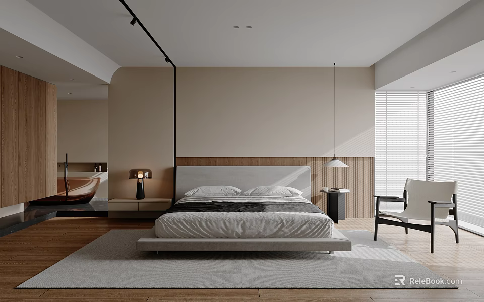 Modern Bedroom with Beige Walls Wooden Flooring Minimalist Design Pendant Light Nightstand and Armchair 3d model 