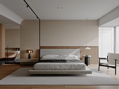 Modern Bedroom with Beige Walls Wooden Flooring Minimalist Design Pendant Light Nightstand and Armchair 3d model