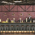 Industrial Bar Counter With Red Brick Wall Black Metal Pendant Lights And Wine Bottles