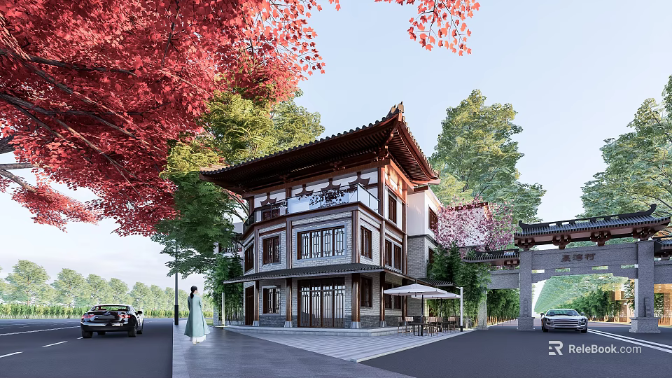 Chinese Style Commercial Street With Red Leaves Cherry Blossom Trees And Classic Architecture 3d model 
