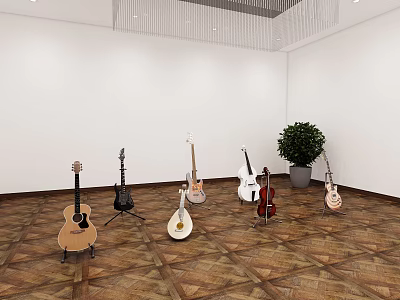 Various Musical Instruments Including Guitar Ukulele Mandolin And Cello In Room With Wooden Floor And Green Plant 3d model