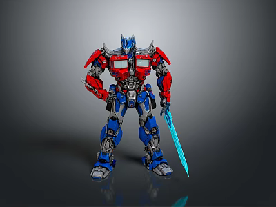 Red And Blue Silver Transformers Action Figure Model Holding Blue Sword In Standing Pose 3d model