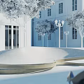 Modern Curved Landscape Seating With Unique Design Among Trees Street Lamps And White Building