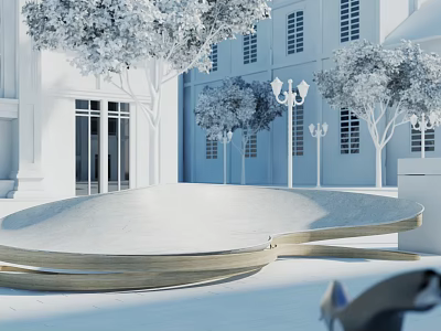 Modern Curved Landscape Seating With Unique Design Among Trees Street Lamps And White Building 3d model