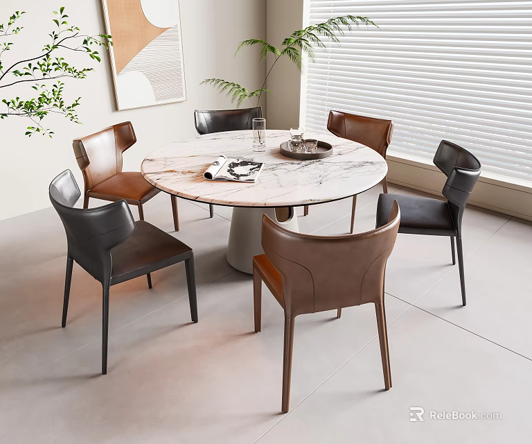 Modern Indoor Round Marble Dining Table With Brown And Black Chairs And Green Plant 3d model 