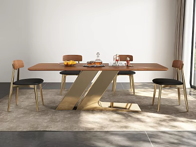 Modern Dining Table Set With Wooden Tabletop Gold Z Shaped Base And Chairs 3d model