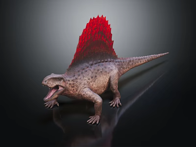Prehistoric Reptile With Red Spiny Sail Back Open Mouth Standing On Dark Shiny Surface 3d model