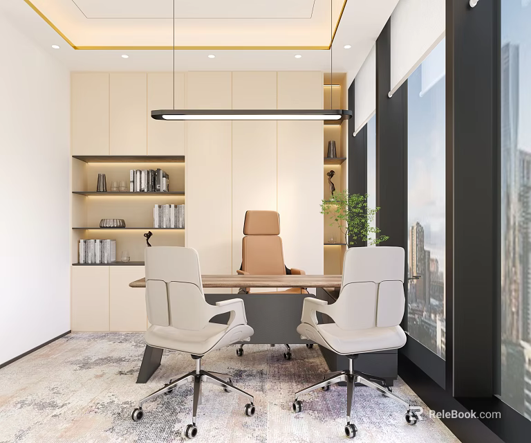 Modern Office Interior With Executive Desk Leather Chair And Floor-to-Ceiling Windows 3d model 