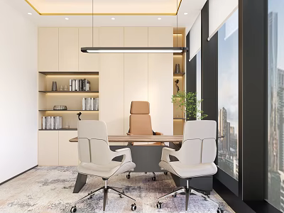 Modern Office Interior With Executive Desk Leather Chair And Floor-to-Ceiling Windows 3d model
