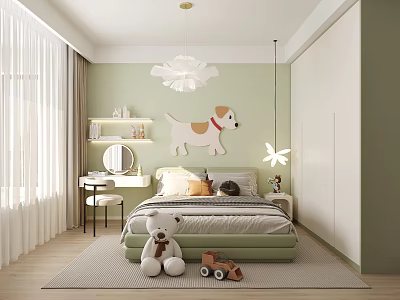 Cheerful Kids Room Interior With Green Walls White Pendant Light Dog Decoration And Stuffed Bear 3d model