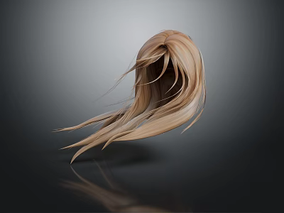 Human Head With Long Blonde Flowing Hair Strands On Dark Background With Reflection 3d model