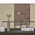 Modern Tea Room Interior With Wooden Shelves Lighting Tea Sets And Long Table