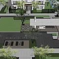 Modern Pergola in Residential Courtyard with Greenery Seats Modern Building and Paved Flooring