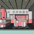 Cozy Modern Red Dessert Shop Interior With Fresh Bread Drinks Counter And Hand Washing Area