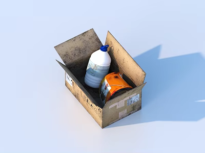 Household Items In Open Cardboard Box With White Bottle Blue Cap And Orange Can 3d model