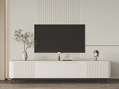 Modern White TV Stand with Flat Screen TV and Green Plant Decor on Vertical Striped Wall 3d model
