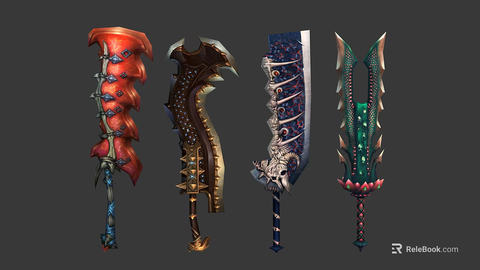 Various Detailed Colorful Fantasy Weapons With Intricate Patterns And Ornate Designs 3d model 
