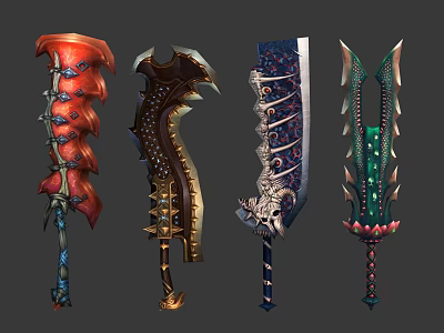 Various Detailed Colorful Fantasy Weapons With Intricate Patterns And Ornate Designs 3d model