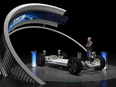 Car Chassis Display on Exhibition Stand with Person Observing and Blue Screen Background 3d model