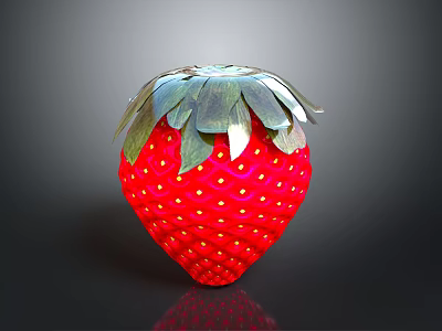 Red Strawberry With Green Leaves And Glossy Textured Surface On Dark Background 3d model