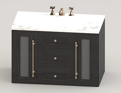 Stylish Black Bathroom Vanity With White Marble Top Gold Faucets Drawers And Striped Doors 3d model