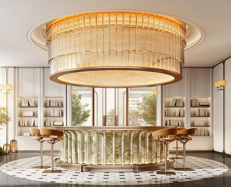 Modern Luxury Sales Office Interior With Large Round Crystal Chandelier And Elegant Curved Bar Seating 3d model 