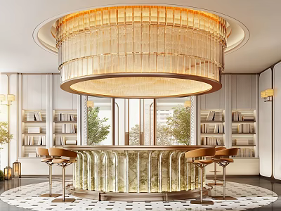 Modern Luxury Sales Office Interior With Large Round Crystal Chandelier And Elegant Curved Bar Seating 3d model