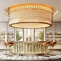 Modern Luxury Sales Office Interior With Large Round Crystal Chandelier And Elegant Curved Bar Seating