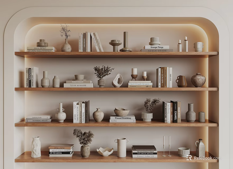 Elegant Decorative Ornament Combination With Wooden Shelves Books Vases And Plants 3d model 