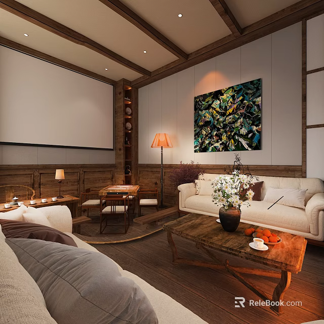 Cozy Modern Lounge Room Interior With White Sofa Wooden Coffee Table And Colorful Artwork 3d model 