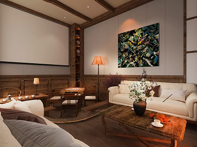 Cozy Modern Lounge Room Interior With White Sofa Wooden Coffee Table And Colorful Artwork 3d model