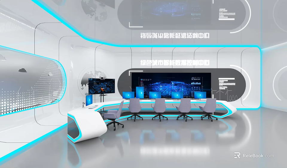 Modern Exhibition Hall Interior With Blue Lines Large Screens Conference Table And Chairs 3d model 