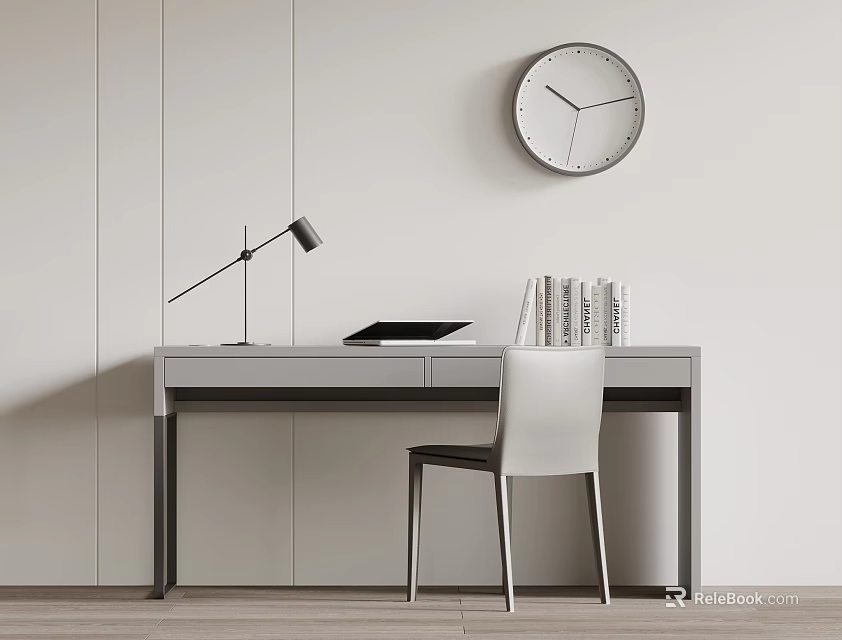Modern Minimalist Desk With White Chair Lamp Books Tablet And Wall Clock 3d model 