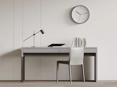 Modern Minimalist Desk With White Chair Lamp Books Tablet And Wall Clock 3d model