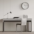 Modern Minimalist Desk With White Chair Lamp Books Tablet And Wall Clock