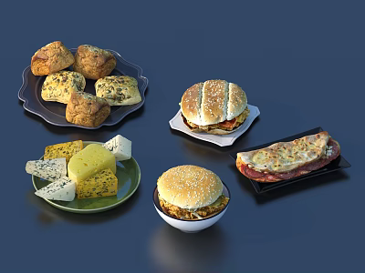Assorted Fresh Delicious Food Including Muffins Sandwich Cheese Burger And Pizza 3d model