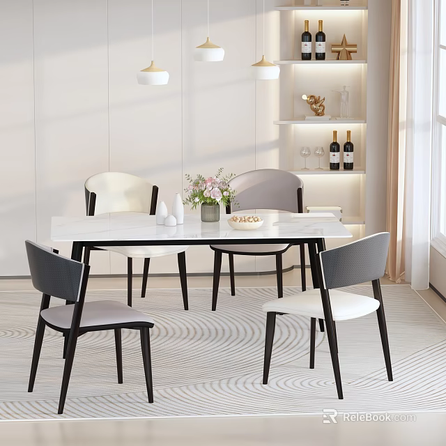 Modern Dining Room With White Table Gray White Chairs Pendant Lights And Decorative Shelf 3d model 