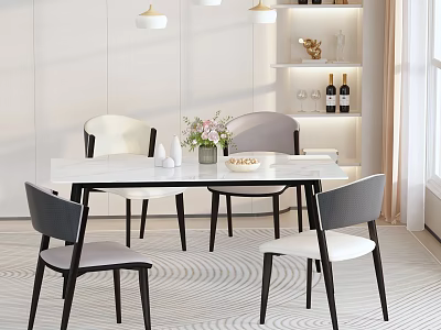 Modern Dining Room With White Table Gray White Chairs Pendant Lights And Decorative Shelf 3d model