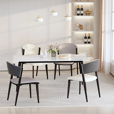 Modern Dining Room With White Table Gray White Chairs Pendant Lights And Decorative Shelf 3d model