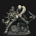 Detailed Sculpted Figure In Dynamic Action Pose With Swords Gun On Rock Textured Base