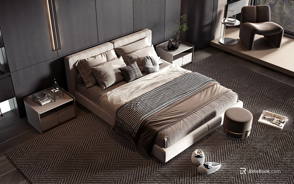 Modern Double Bed With Upholstered Headboard Multiple Pillows Nightstands Herringbone Rug And Ottoman 3d model 