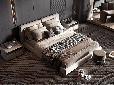 Modern Double Bed With Upholstered Headboard Multiple Pillows Nightstands Herringbone Rug And Ottoman 3d model
