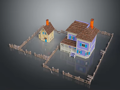 Charming Scenery With Two Yellow And Purple Houses Brown Roofs Chimneys Wooden Fences And Reflections 3d model
