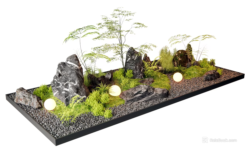 Indoor Landscape Design Featuring Black Stones Green Plants Round Lights And Gravel 3d model 