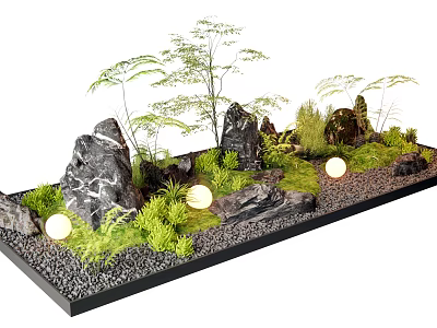 Indoor Landscape Design Featuring Black Stones Green Plants Round Lights And Gravel 3d model