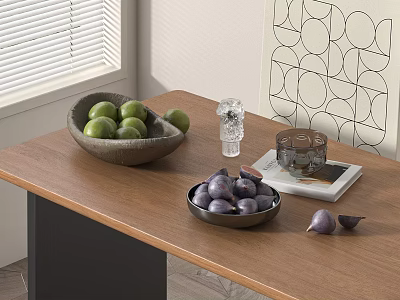 Fresh Green and Purple Plums in Bowls on Wooden Table with Glass Cups 3d model