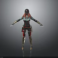 Futuristic Female 3D Character With Green Hair Helmet Black Red Outfit Gold Accents