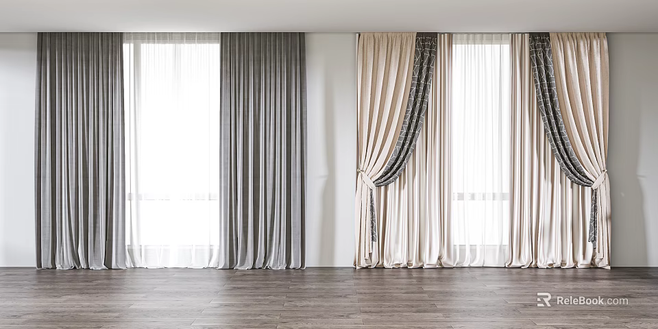 Gray and Beige Flowing Curtains with Decorative Accents in Modern Window Interior 3d model 