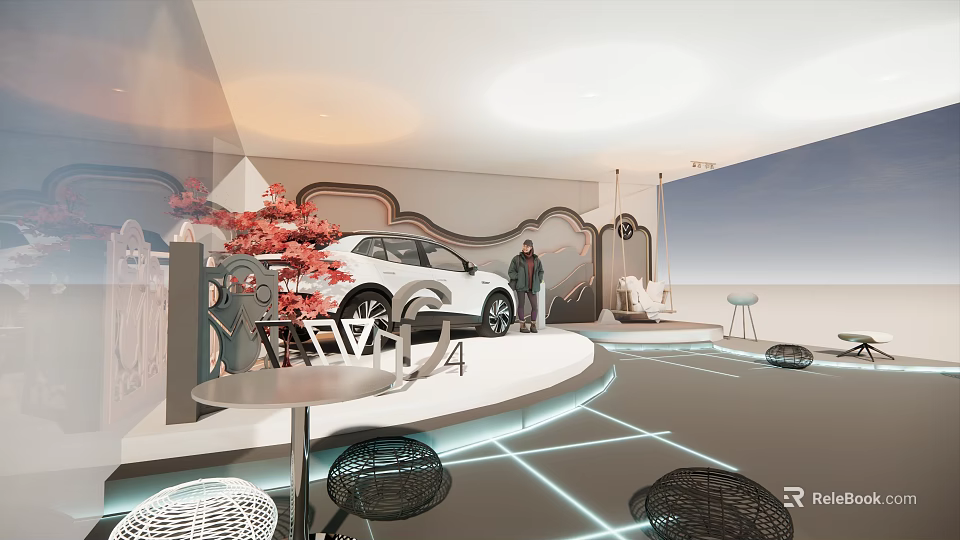 Contemporary Display Space Featuring White Car Large Screen And Red Plants 3d model 