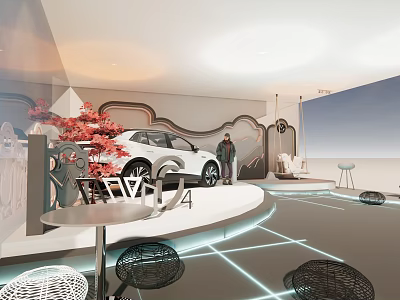 Contemporary Display Space Featuring White Car Large Screen And Red Plants 3d model
